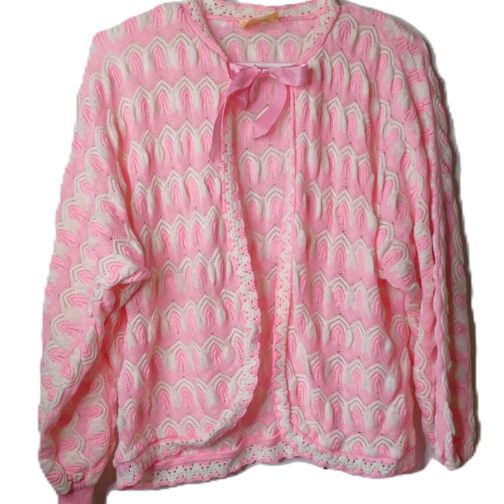 Pink & White Sweater Vintage Evans Puffy Long Sleeves Shrug Ribbon Bow